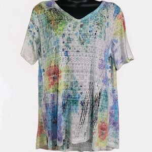Katina Marie Burnout Top Size XL Colorful Abstract V-Neck Artsy Lightweight